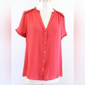 Karl Lagerfeld orange/redd short sleeve ruffle button down with pearl buttons
